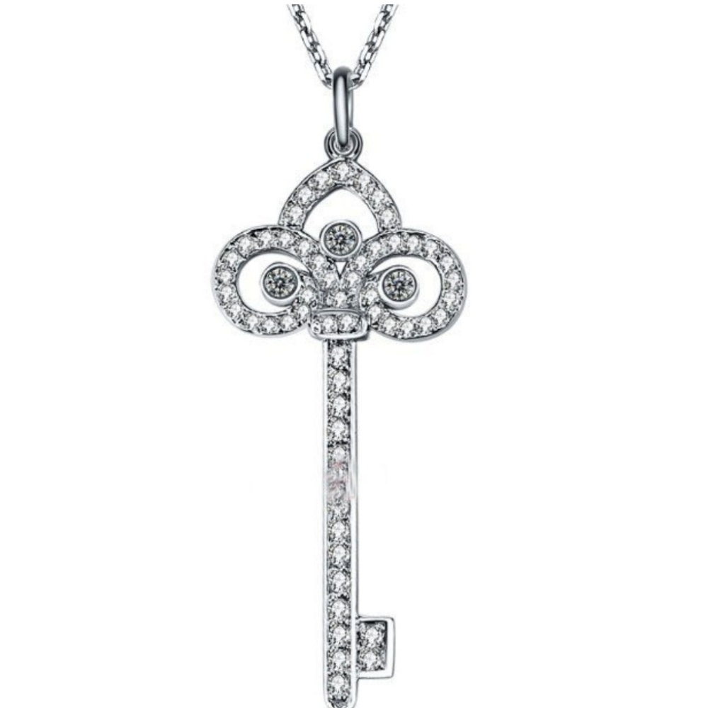 .925 Sterling Silver CZ Key Pendant Necklace 17in - Picture 2 of 5